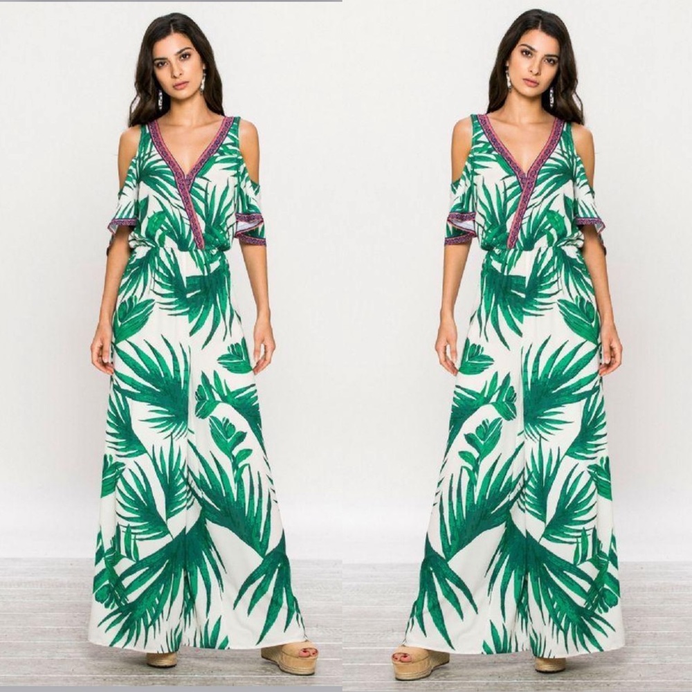 Flying Tomato Green & White Tropical Cold-Shoulder Jumpsuit